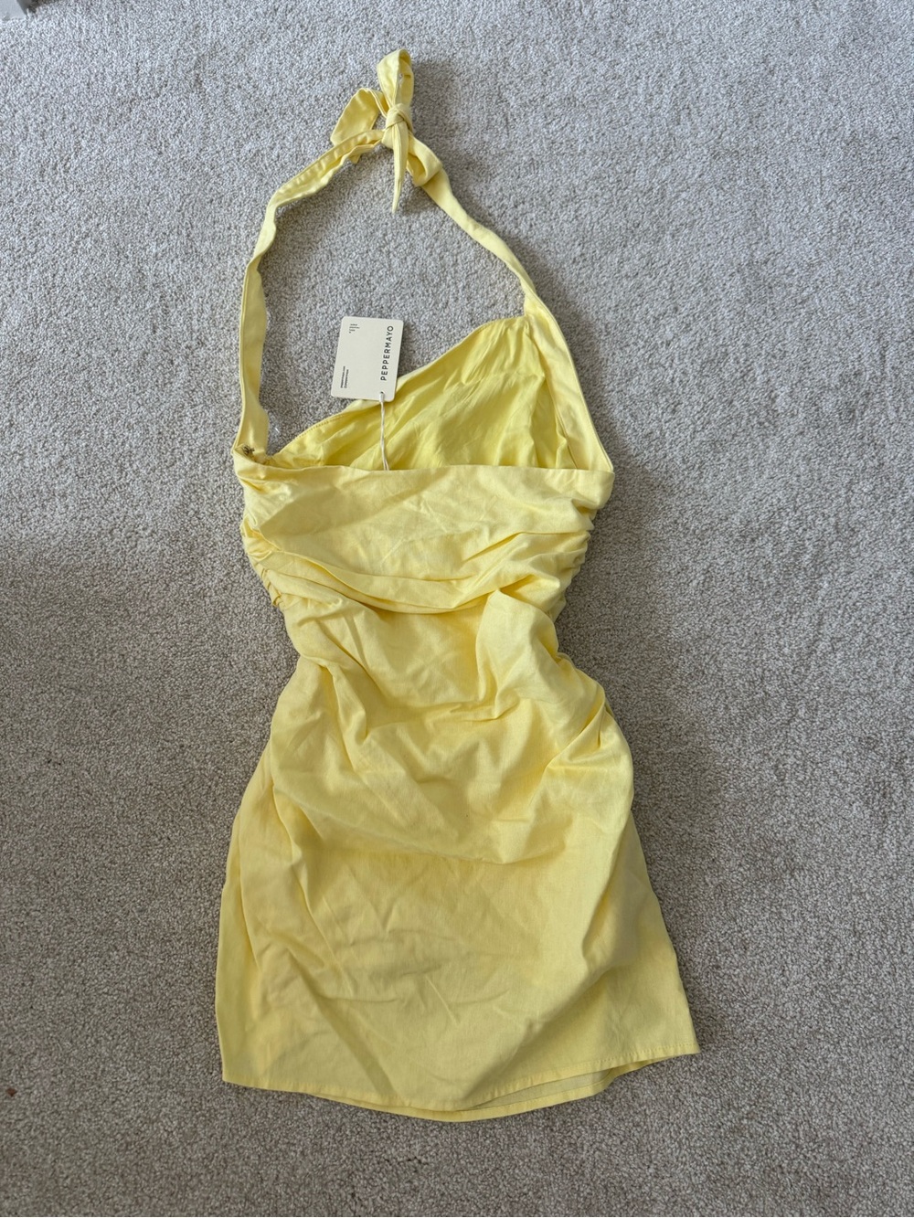 Asymmetric Halter Ruched Mini Dress in Butter Yellow NWT size Medium - Picture 7 of 8